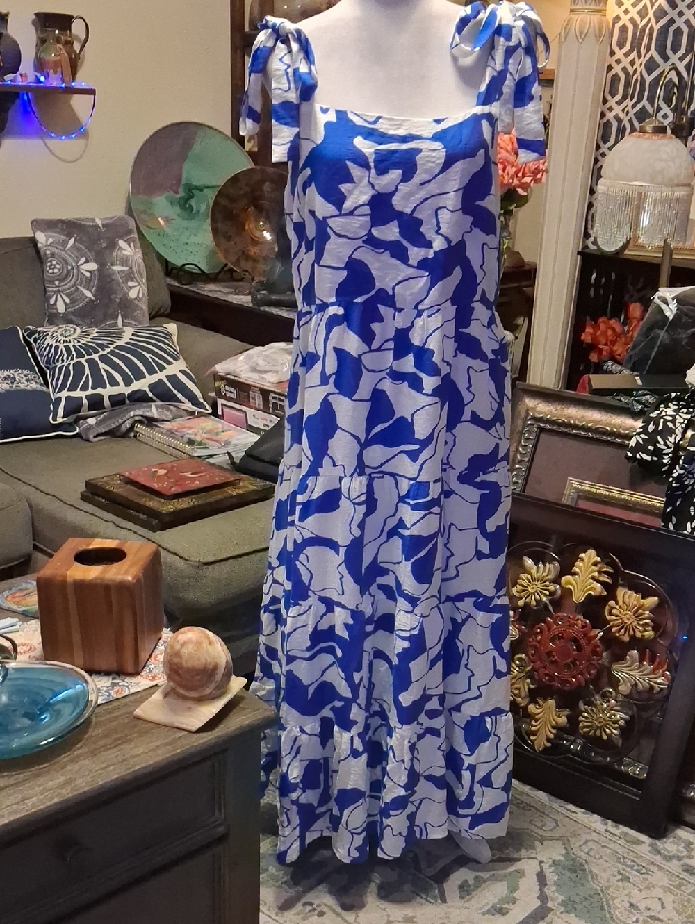 Blue and White Tie-Shoulder Floral Maxi Dress